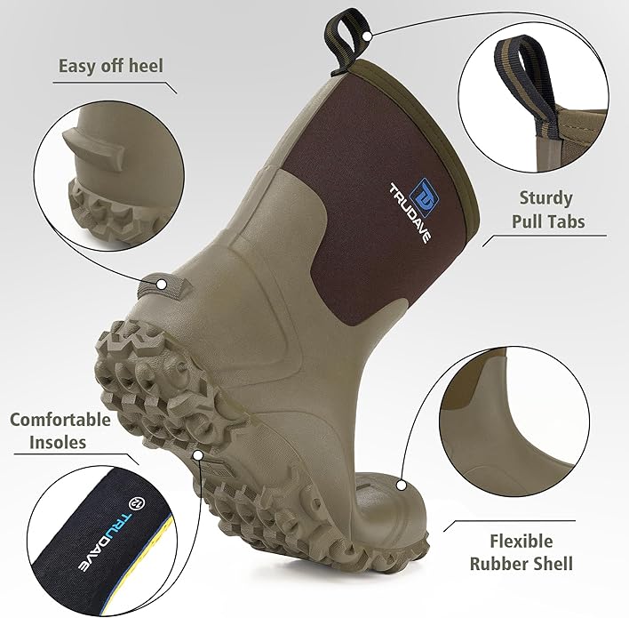 Trudave Rubber Boots for Men, 6mm Neoprene Insulated Mud Boots with Steel Shank, Men's Mid Calf Waterproof Rain Boots,Anti-Slip Rubber Work Boots for Farming Gardening Fishing,Size 7-13