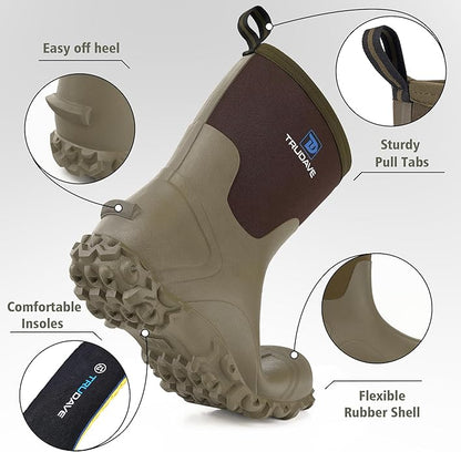 Trudave Rubber Boots for Men, 6mm Neoprene Insulated Mud Boots with Steel Shank, Men's Mid Calf Waterproof Rain Boots,Anti-Slip Rubber Work Boots for Farming Gardening Fishing,Size 7-13
