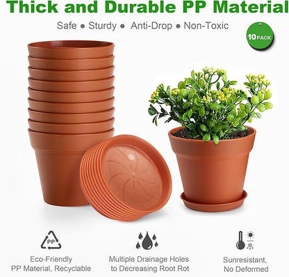 10 Pack Plastic Plant Pots with Drainage Holes and Tray, 6 inch Thickened Indoor Planters Seedlings Nursery Pots for Flowers, African Violet, Succulent and All House Plants, Terracotta