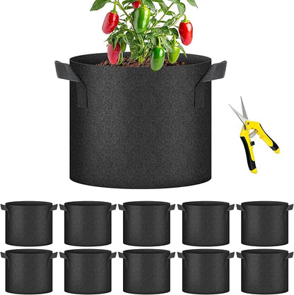 YSSOA 10-Pack Fabric Grow Bags 7 Gallon with Pruner, 300G Thickened Nonwoven Plant Growing Pots with Handles, Planting Bags for Vegetables, Black