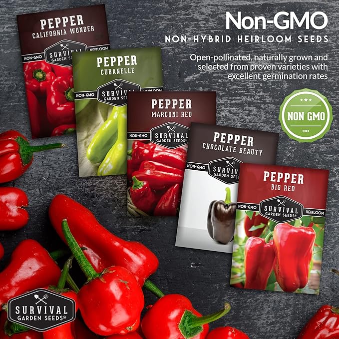 Sweet Pepper Collection – 5 Variety Pack | California Wonder, Marconi Red, Cubanelle, Chocolate Beauty & Big Red | Heirloom Non‑GMO Bell Peppers for Planting – Survival Garden Seeds
