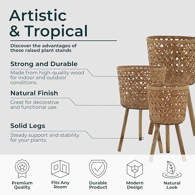 Set of 3 Woven Basket Decorative Planter Pot with Stand – Handcrafted Bamboo Pine Wood Outdoor & Indoor Plant Pot – Boho Garden & Home Decor Planters – 19", 22", & 26", Brown