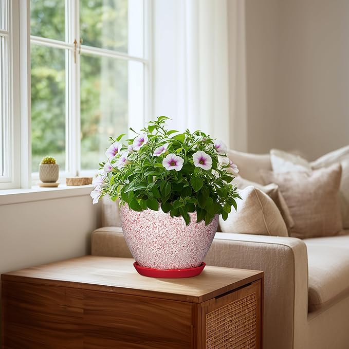 Ceramic Planter for Plants - 8 Inch Plant Pot Indoor with Drainage Hole and Tray, Round Flower Pots for Indoor Outdoor, Modern Planter, Home Decor, Gifts for Plant Lovers, Crackle Red