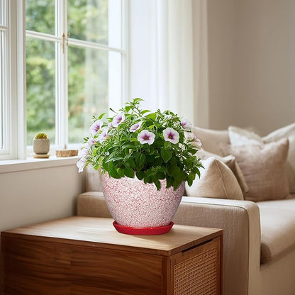 Ceramic Planter for Plants - 8 Inch Plant Pot Indoor with Drainage Hole and Tray, Round Flower Pots for Indoor Outdoor, Modern Planter, Home Decor, Gifts for Plant Lovers, Crackle Red