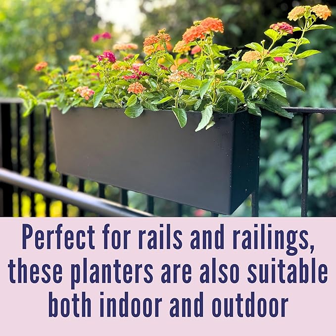 LaLaGreen Railing Planter Box (20 Inch, 4 Pack) Black Rectangular Window Flower Boxes with Bracket, Self Watering System Hanging Planter Box for Outdoor Plant Pots Container Deck Rail Fence Balcony