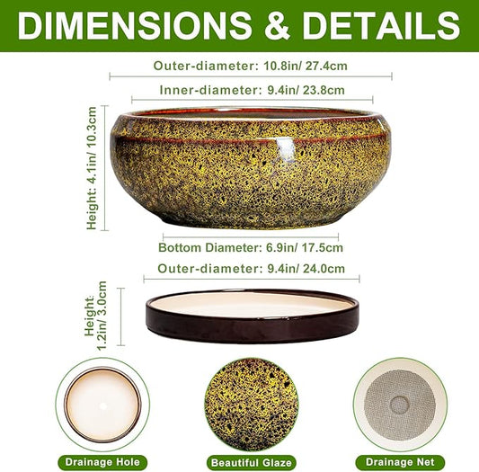 Bonsai Pots Ceramic - 10 Inch Succulent Planters Indoor Outdoor, Shallow Planter with Drainage Hole and Saucer, Round Planter Bowl, Succulent Pots, House Decor, Gifts for Plant Lover, Yellow
