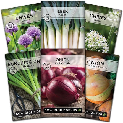 Sow Right Seeds - Onion Family Seed Collection for Planting - 6 Varieties of Chives and Onions - Hardy and Flavorful - Non-GMO Heirloom Packets with Instructions to Plant and Grow a Vegetable Garden