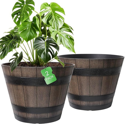 Large Plant Pots, 22.25 Inch 2 Pack Plastic Whiskey Barrel Planters, Big Flower Pots Wine Barrel Design for Outdoor Indoor, Garden, Porch, Patio, Backyard