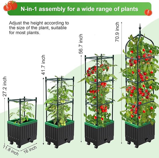 Raised Garden Bed Planter Boxes with Trellis,1pcs 70.9"Self-Watering Tomato Planter Boxes with Trellis for Climbing Vegetables Plants Flowers Tomato with Wheels,Use for Indoor Outdoor (Black)
