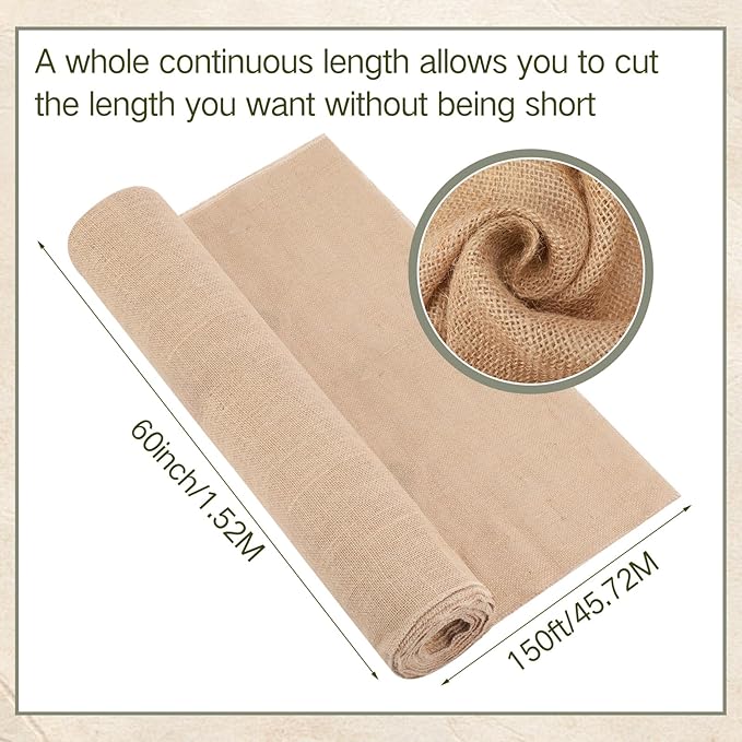 Tranqun 60" x150 Feet Burlap Cloth Fabric Roll Gardening Burlap Roll Long Tree Wrap Rolls Multipurpose Jute Fiber Material for Gardening Outdoor Trees Weddings Party Decor
