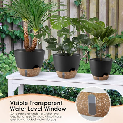 Self-Watering Plant Pots with Water Level Indicator, Drainage Holes & Saucers – 12/10/9 Inch Large Plastic Planter Set for Indoor & Outdoor Plants(Black)