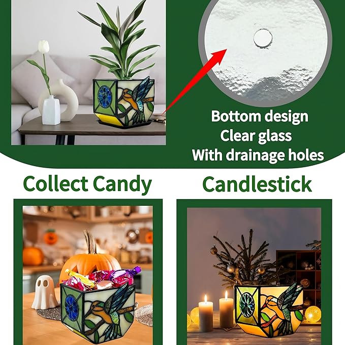 Handcrafted Stained Glass Hummingbird Planter, Indoor Decorative Flower Pot with Drainage, Planters for Indoor Plants,Garden Home Decor