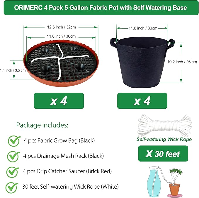Fabric Grow Bag with Self-watering Base, 4 Pack 5 Gallon Nonwoven Garden Pot with Handle, Automatic Watering Planter, Cloth Plant Container with Self Watering System Tray Saucer Vegetable Fruit Flower