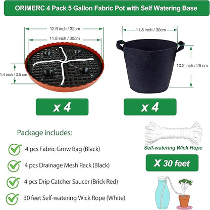 Fabric Grow Bag with Self-watering Base, 4 Pack 5 Gallon Nonwoven Garden Pot with Handle, Automatic Watering Planter, Cloth Plant Container with Self Watering System Tray Saucer Vegetable Fruit Flower