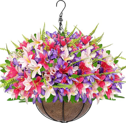 Faux Hanging Plants Flowers Basket Hyacinth & Boston Ferns for Outdoor Outside Spring Summer Decoration, UV Resistant Colorful Fake Silk Flower Hanging Planter for Porch Home Patio Balcony Yard Decor