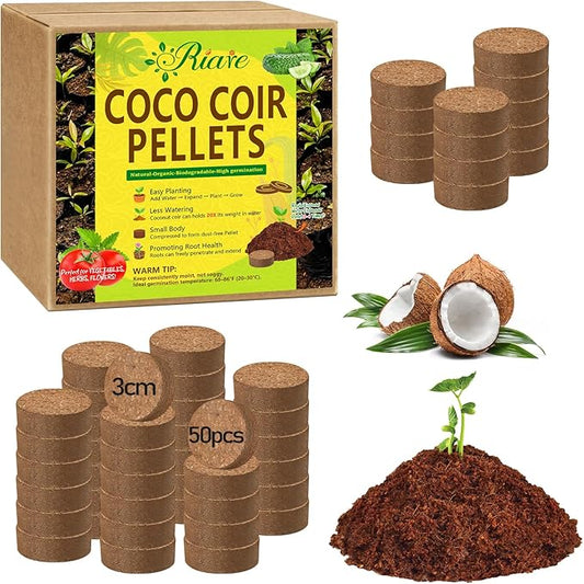 Riare 50 Pcs 30mm Organic Coco Coir Seed Starter Soil, Compressed Coconut Coir Potting Soil Mix for Seed Starting, Coconut Fiber Pellet for Planting Indoor & Outdoor Plants, Vegetables, Garden