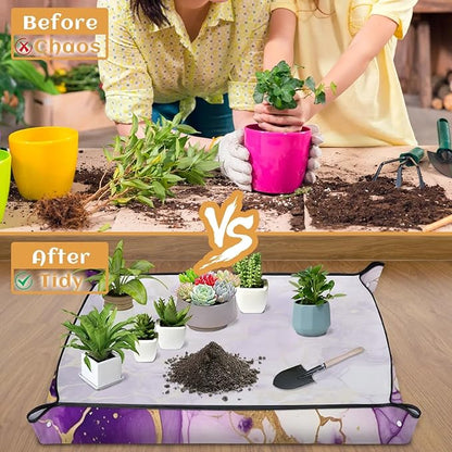 Repotting Mat for Indoor Plant 26"x26" Marble Soil Change Mat Waterproof Planting Tray Foldable Succulent Potting Mat Gardening Gifts for Women Men Plant Lovers