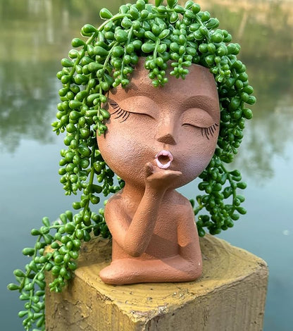 Smiley Face Flower Pot Head Planter for Indoor Outdoor Planter, Girl Statue Flower Pot, Cute Lady Plant Pot, Female Statue Vases with Faces,Succulent Garden Pot with Drainage, Brown