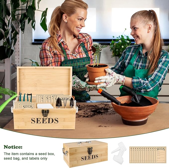 Coolrunner Wood Seed Saving Box, Seed Storage Organizer Case, Seed Packet Storage Organizer with Lock and 3 Handles, 30P Plant Labels, 30P Seeding Envelopes Bag (Natural Wood Color)