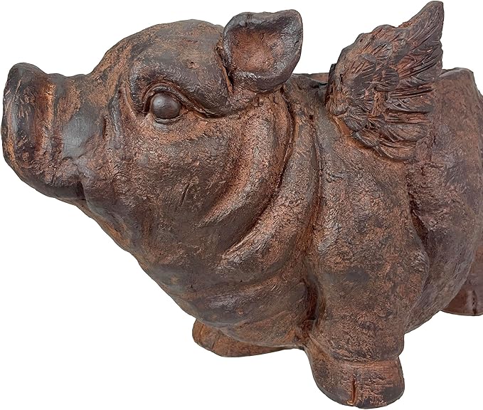 Zeckos Whimsical Flying Pig Planter with Drain Hole – 17 Inch Brown Magnesium Oxide Animal Planter for Succulents, Flowers, Indoor Outdoor Rustic Farmhouse Decor – Weather-Resistant Pig Garden Pot