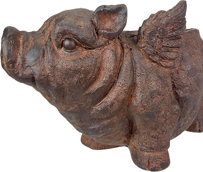 Zeckos Whimsical Flying Pig Planter with Drain Hole – 17 Inch Brown Magnesium Oxide Animal Planter for Succulents, Flowers, Indoor Outdoor Rustic Farmhouse Decor – Weather-Resistant Pig Garden Pot