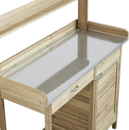 Topeakmart Garden Potting Bench Potting Table ACQ Lumber Wood Outdoor Work Station Work Bench Planting with Cabinet & Drawer & Top Shelf & Lower Shelf Light Green