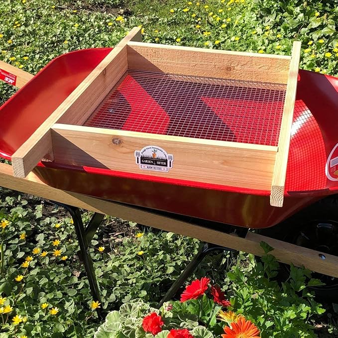 Cedar Garden Sifter for Compost, Dirt and Potting Soil - Handcrafted in The USA - Sustainable Cedar - Heavy Duty Stainless Grate (Wheelbarrow)