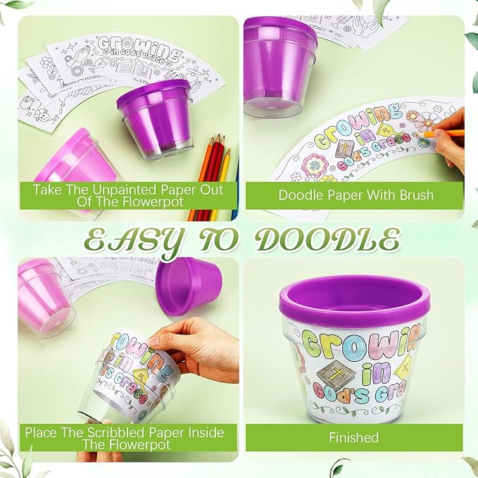 Meanplan 24 Pcs Bible Verse DIY Flower Pots Planters Religious Garden Painting Craft Kit 4'' Small Plastic Christian Spring Decorate Your Own Flower Plant Pot Easter Activities