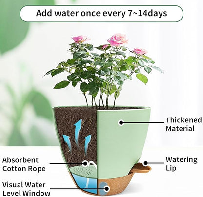 MNKXL 12"/10"/9"/8" Self Watering Pots with Visual Water Window,Extra Large Self Watering Plant Pots with Drainage Holes & Saucers,Green Planters for Indoor Plants,4-Pack