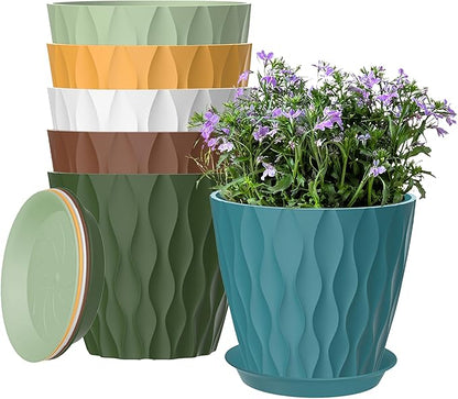 6 Pack 7 Inch Plant Pots with Drainage and Saucers, Multicolour Plastic Flower Pots for Indoor and Outdoor Plants, Stackable Nursery Planters for Houseplants and Herbs, Multicolour