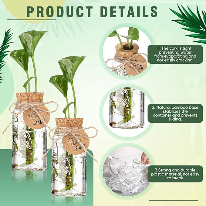 Baderke 24 Pack 3.54'' Plastic Plant Propagation Stations with Hole Lid 4oz Planter Vase Clear Propagation Jars with Thank You Tags for Plant Lover Gifts for Women Office Home Garden(24 Pack)