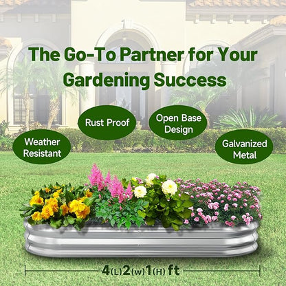 GOOZOO Galvanized Planter Raised Garden Bed, 4x2x1ft Raised Garden Bed Kit for Gardening Outdoor, Oval Metal Land Planter Box for Vegetables, Fruits, Flowers（Silver）