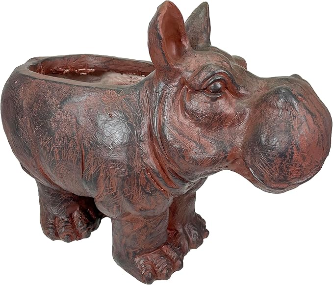 Zeckos Charming Brown Hippo MGO Planter with Drain Hole, 17 inches - Durable Weatherproof Magnesium Oxide for Garden or Patio Decor - Whimsical Animal Theme Planter, Perfect for Indoor/Outdoor Use