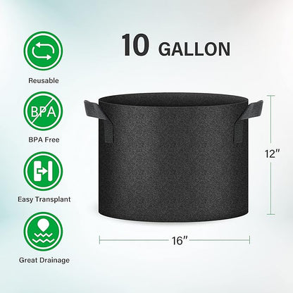YSSOA 5-Pack 10 Gallon Grow Bags, Aeration Nonwoven Fabric Plant Pots with Handles, Heavy Duty Gardening Planter for Potato, Tomato, Vegetable and Fruits, Black