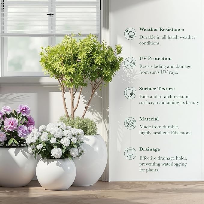 DTY Mount Sherman 21.1'' D x 16.7'' H (Pot Opening 14.6") Fiberstone Round Planter with Drainage Hole, Smooth Finishes, Weather Resistant for Indoor and Outdoor, 2 Extra Coco Mats - White, Large