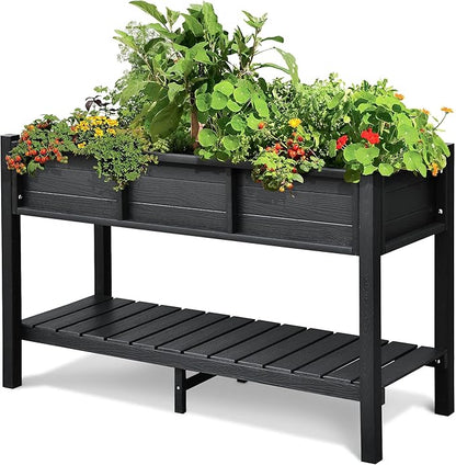 DWVO 48x18x30in Raised Garden Bed Kit, HDPE Planter Box Stand, Poly Wood Weather-Resistant Planter Box with Legs & Storage Shelf, Elevated Garden Bed for Backyard, Patio, Balcony,Black