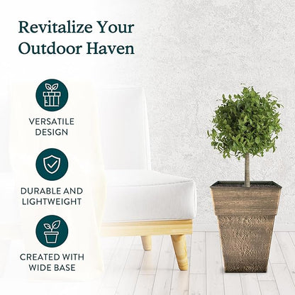 The HC Companies 22 Inch Avino Tall Square Planter - Decorative Indoor Outdoor Plant Pot for Front Porch, Deck, Patio and Home, Celtic Bronze