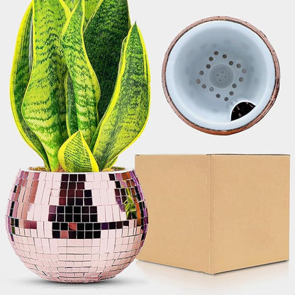 Disco Ball Planter,Disco Ball Vase,Plant Pot,Flower Pot,Mirror Plant Holder,Plastics Self Watering Disco Decor Planter for Small Plant, Party,Table,Office,Kitchen (Rose Gold, 4X5IN)