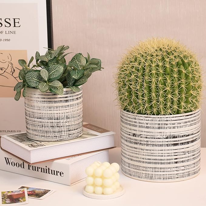 Plant Pots Indoor 2 Pack, 5 & 7 Inch Ceramic Planter Pots with Drainage Hole, Set of 2 Flower Pots - Herbs/Snake/Succulent/Orchid Cylinder Plant Pot(White)