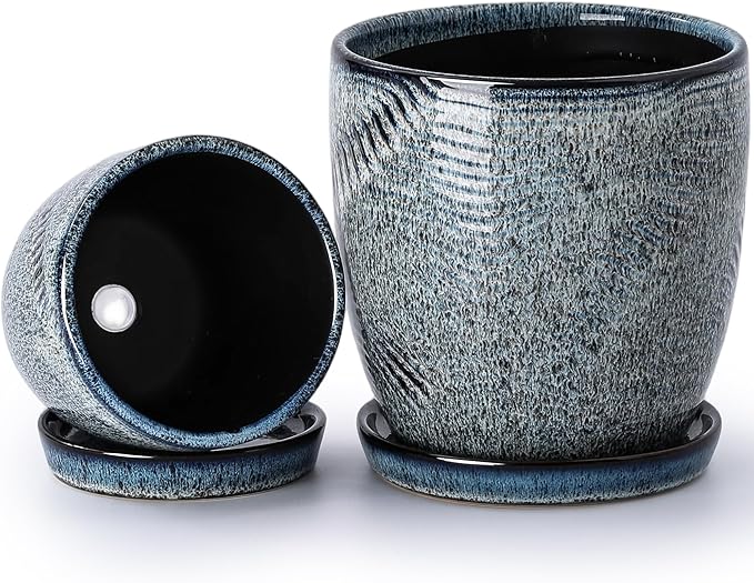4+6 Inch Ceramic Planter Set of 2 with Drainage Hole and Saucer for Plants, Indoor-Outdoor Large Round Succulent Orchid Flower Pot -Inner-pots not Larger Than 5 Inch Reactive Glaze Blue