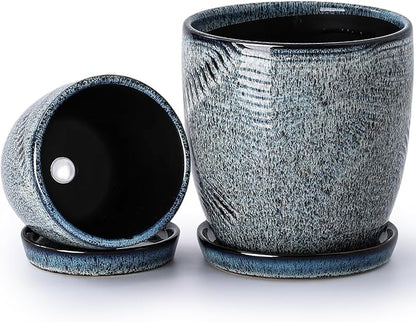 4+6 Inch Ceramic Planter Set of 2 with Drainage Hole and Saucer for Plants, Indoor-Outdoor Large Round Succulent Orchid Flower Pot -Inner-pots not Larger Than 5 Inch Reactive Glaze Blue
