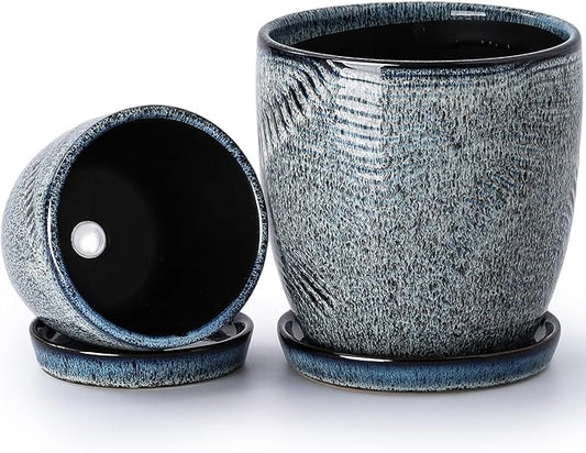 4+6 Inch Ceramic Planter Set of 2 with Drainage Hole and Saucer for Plants, Indoor-Outdoor Large Round Succulent Orchid Flower Pot -Inner-pots not Larger Than 5 Inch Reactive Glaze Blue