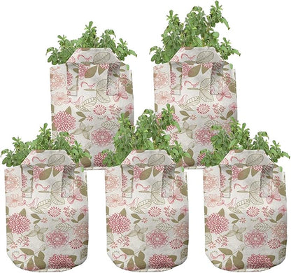 Ambesonne Colorful Grow Bags 5-Pack, Vibrant Vintage Orchid, Heavyduty Fabric Pots with Handles for Plants, Purple Lilac