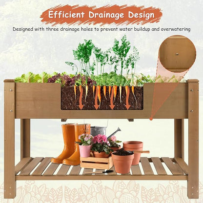 PetsCosset Raised Garden Bed Wooden Elevated Planter Box with Legs, Protective Liner Reinforced for Vegetables Herbs Flowers for Outdoor Patio Backyard Balcony Gardening (46.65“ L with Shelf)