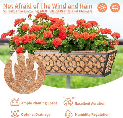 Riare 4 Pack 24 Inch Window Boxes Planters with Coco Liner, Metal Deck Railing Planter Boxes, Balcony Planters Railing Hanging, Horse Trough Window Flower Planter Boxes for Outdoor Porch Fence Patio