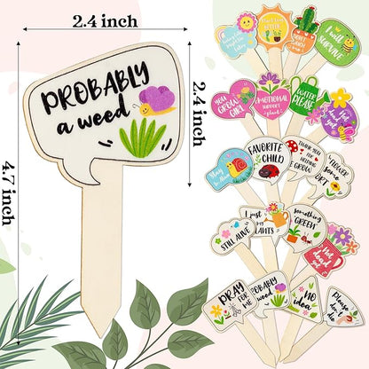 WATINC 20pcs Funny Wooden Plant Markers, Plant Sticks Labels Tags Name Stakes, Spring Wood Garden Signs for Flower Greenery Succulent Potted, Indoor Outdoor Plant Marker Gardening Gift for Plant Lover