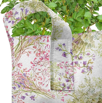 Ambesonne Floral Grow Bags 5-Pack, Rural Wild Flower Bunches, Heavyduty Fabric Pots with Handles for Plants, Green Pink
