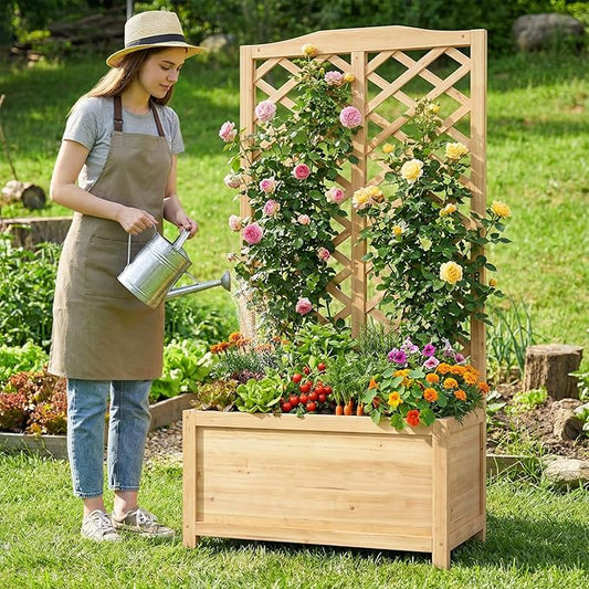 DoCred Raised Garden Bed with Trellis, 30" L x 16" W x 59" H Freestanding Elevated Planter Box for Climbing Plants, Outdoor Wooden Privacy Screen with Garden Box for Backyard Patio Balcony Decor