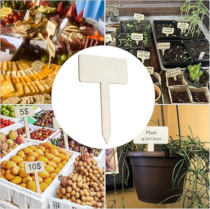 Plant Labels, 60 Pcs Plant Tags Garden Markers, Wooden T-Type Plant Name Stakes for Seed Potted Herbs Flowers Vegetables with Marker Pen, 4.1 x 2.5 inch