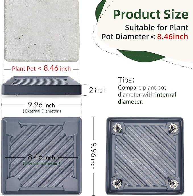 2PCS Square Plant Caddy with Hidden Wheels, Heavy Duty Rolling Plant Stand Caddy with Wheels, Pot Base for Indoor Outdoor, Gray, 9.96 inches